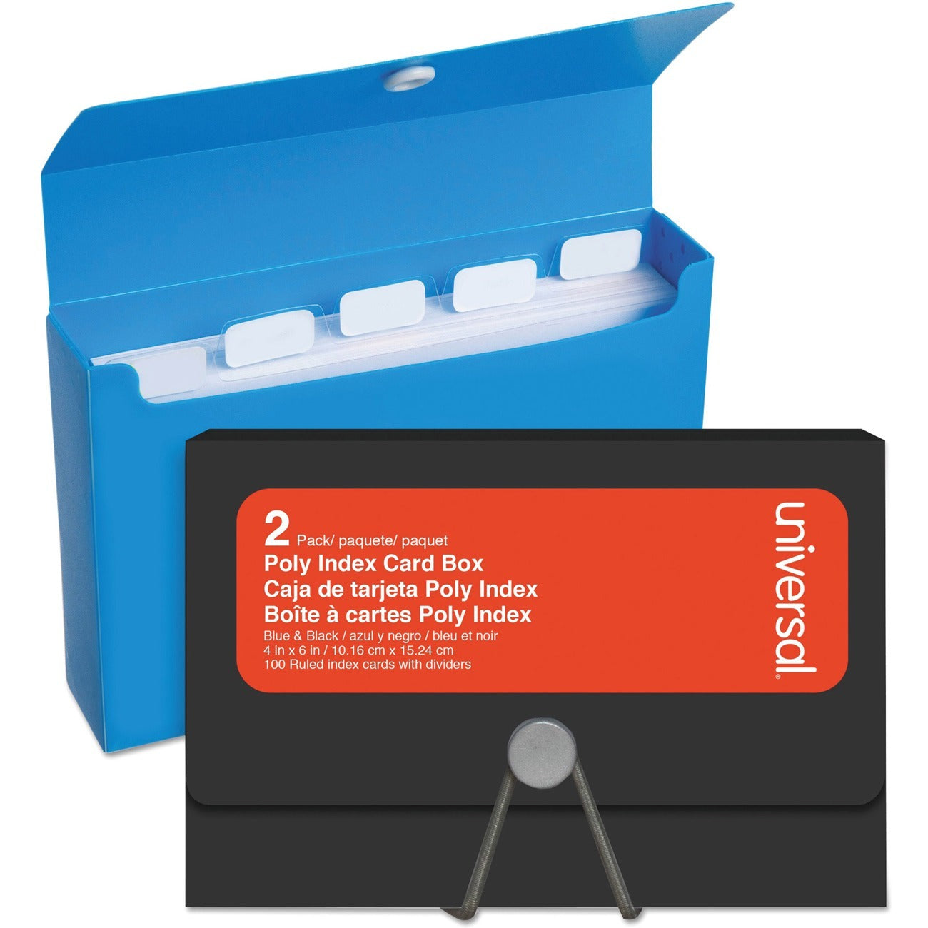 Poly Index Card Box, Holds 100 4 x 6 Cards, 4 x 1.33 x 6, Plastic, Black/Blue, 2/Pack