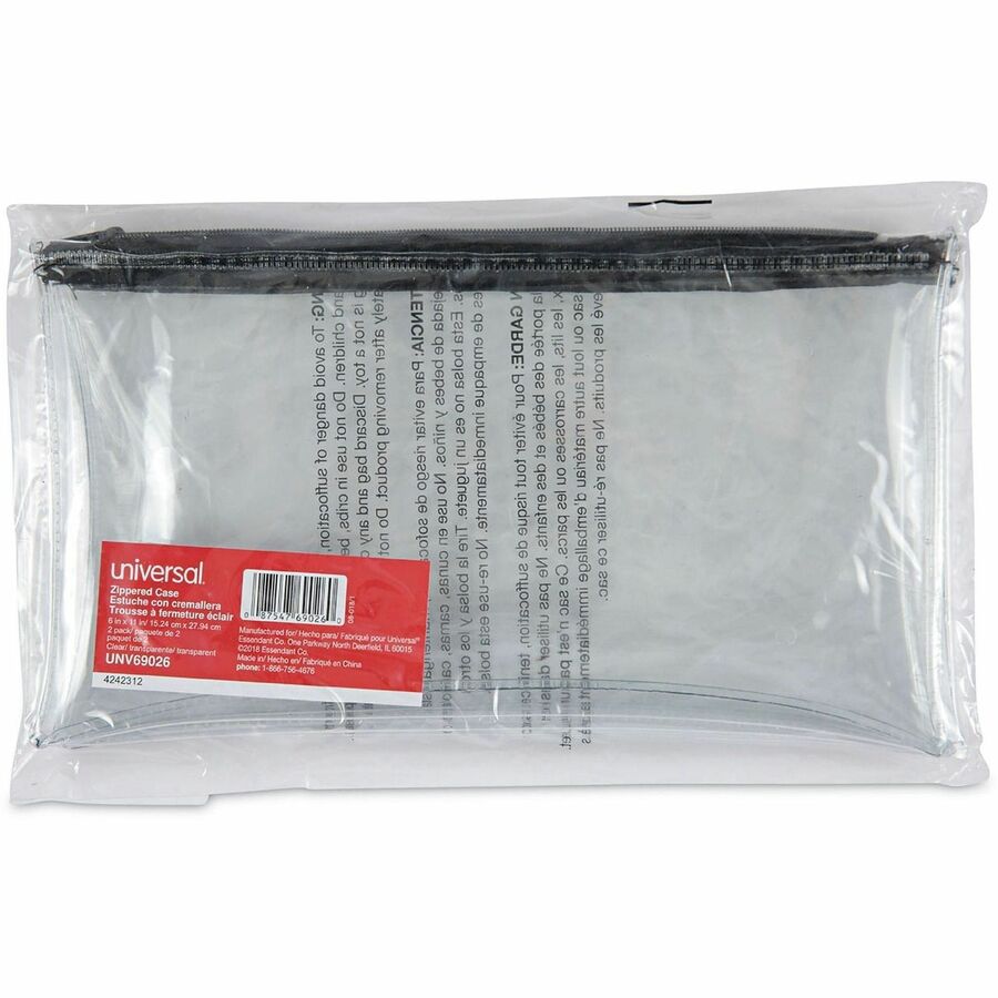 Zippered Wallets/Cases, Leatherette PU, 11 x 6, Clear/Black, 2/Pack