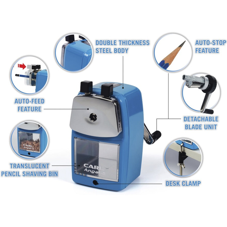 CARL Angel-5 Pencil Sharpener - Desktop - 5" Height x 2.8" Width - Steel, Aluminum - Blue - 1 Each