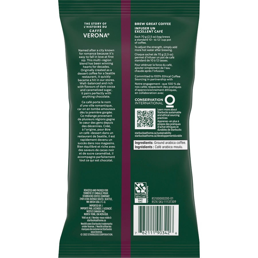 Starbucks Caffe Verona Coffee - Dark - 2.5 oz Per Pouch - 18 / Box