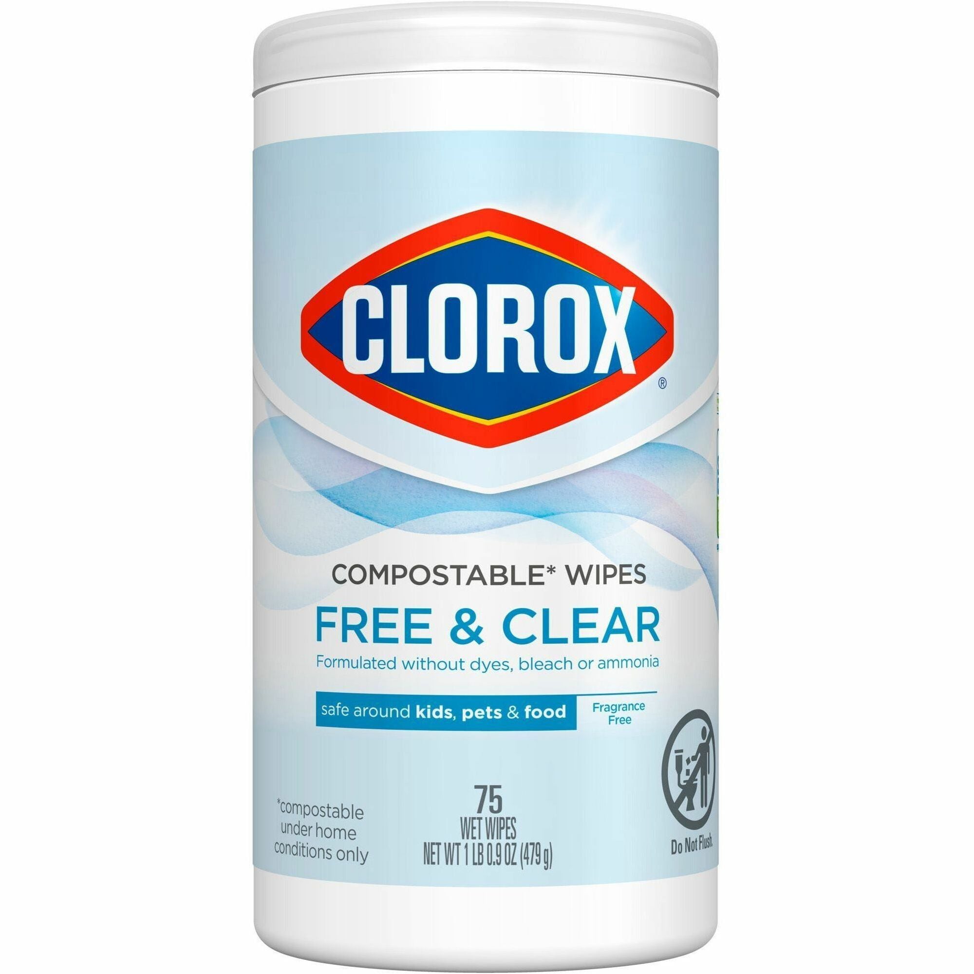Clorox Free & Clear Compostable All Purpose Cleaning Wipes - 4.25" Length x 4.25" Width - 75.0 / Tub - 1 Each - Bleach-safe, Dye-free, Scent-free, Durable - White - 1