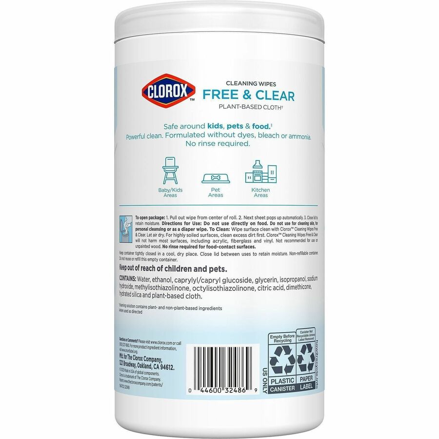 Clorox Free & Clear Compostable All Purpose Cleaning Wipes - 4.25" Length x 4.25" Width - 75.0 / Tub - 1 Each - Bleach-safe, Dye-free, Scent-free, Durable - White