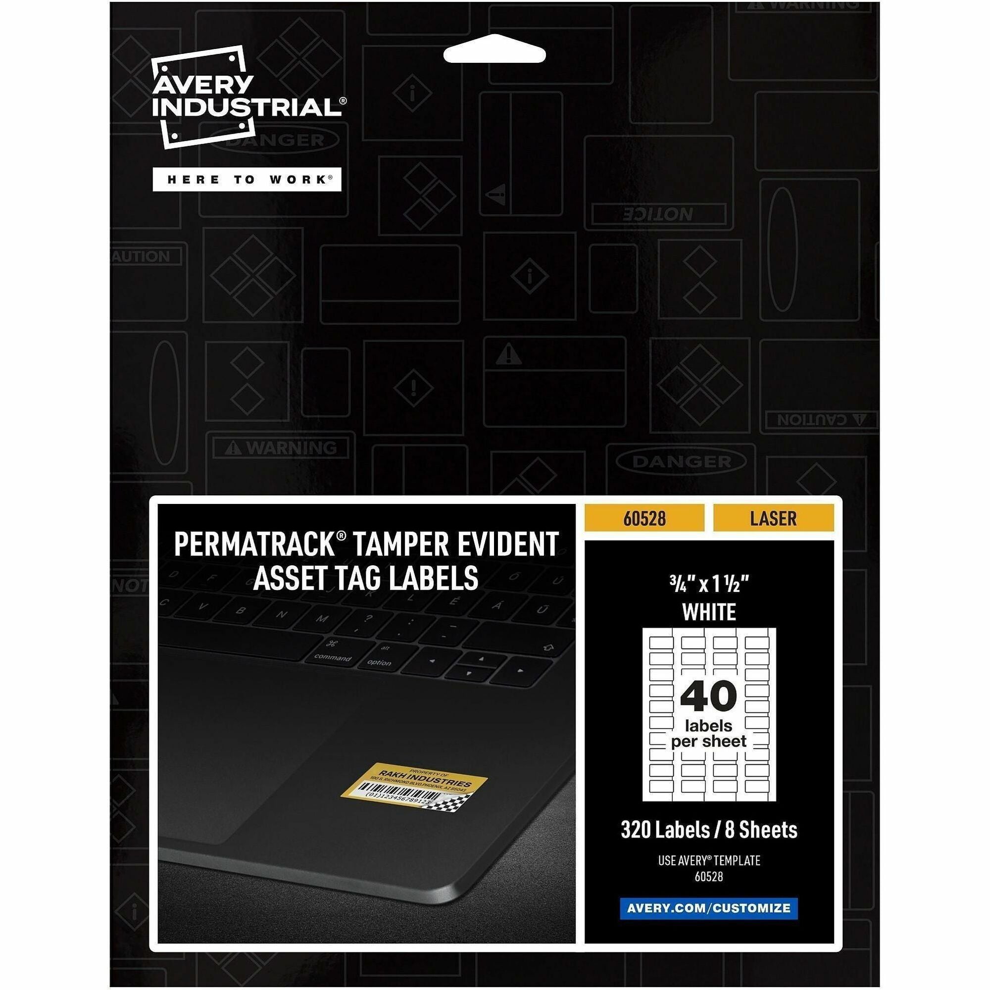 PermaTrack Tamper-Evident Asset Tag Labels, Laser Printers, 0.75 x 1.5, White, 40/Sheet, 8 Sheets/Pack