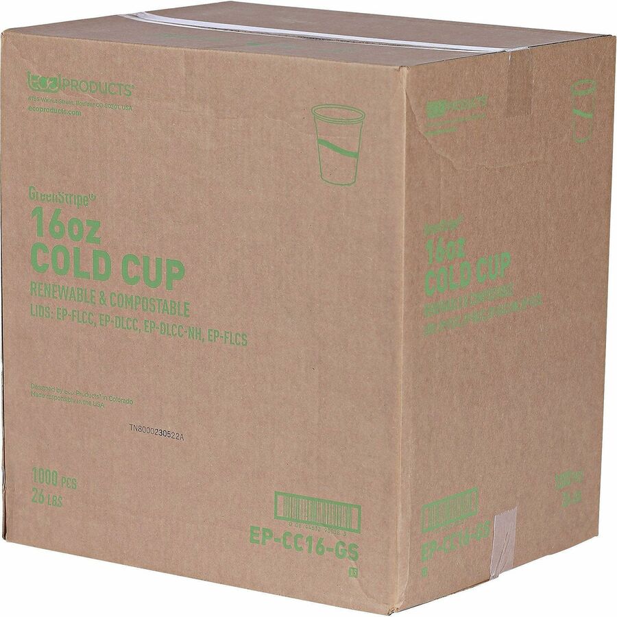 Eco-Products 16 oz GreenStripe Cold Cups - 50 / Pack - 20 / Carton - Clear, Green - Polylactic Acid (PLA) - Cold Drink