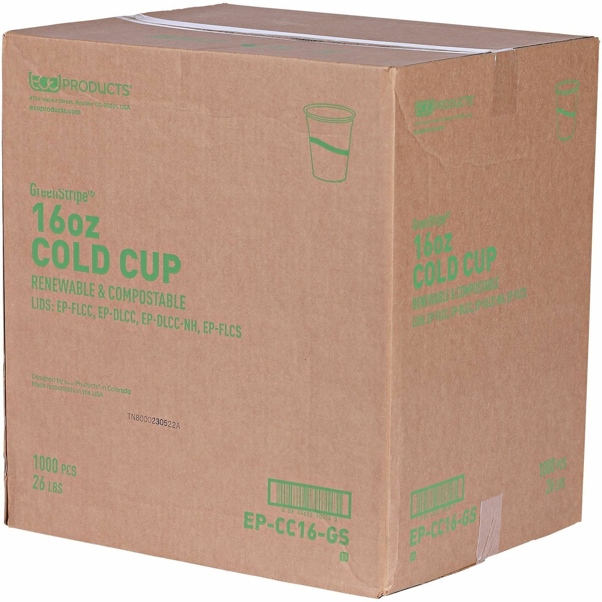 Eco-Products 16 oz GreenStripe Cold Cups - 50 / Pack - 20 / Carton - Clear, Green - Polylactic Acid (PLA) - Cold Drink - 4