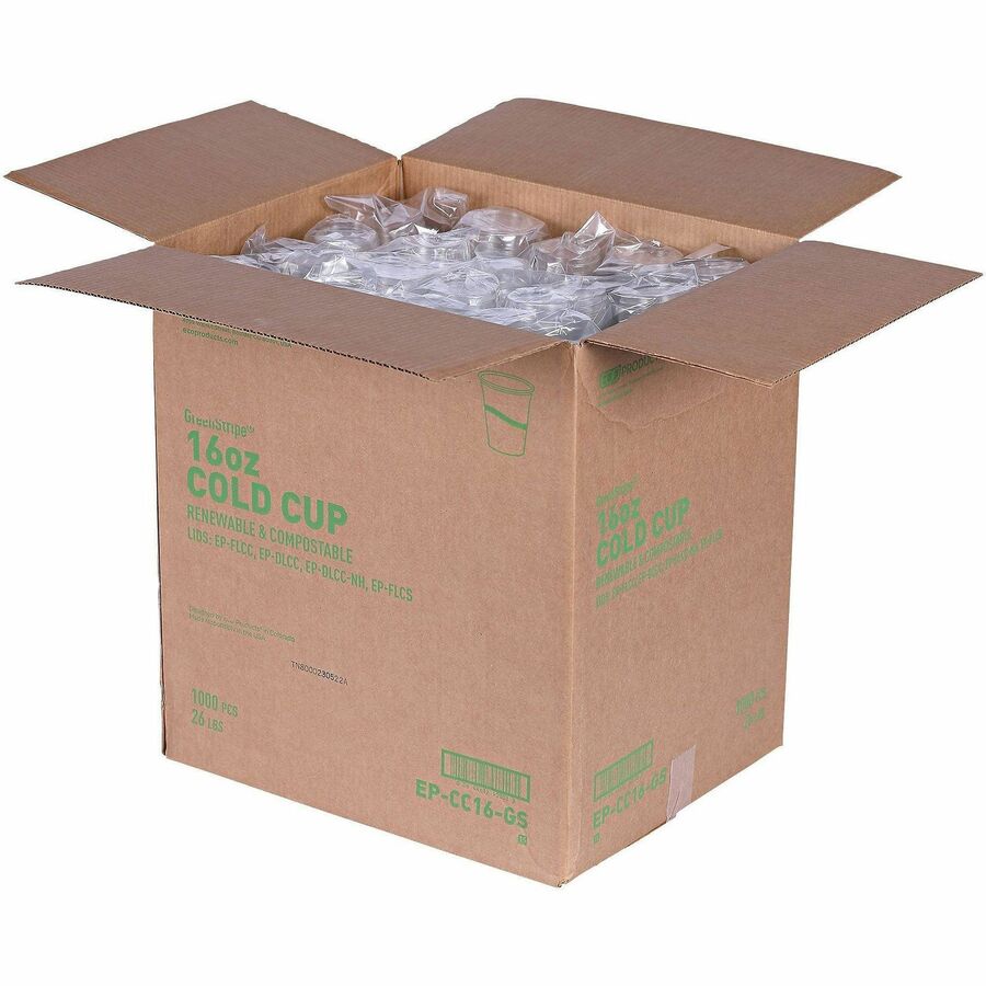 Eco-Products 16 oz GreenStripe Cold Cups - 50 / Pack - 20 / Carton - Clear, Green - Polylactic Acid (PLA) - Cold Drink