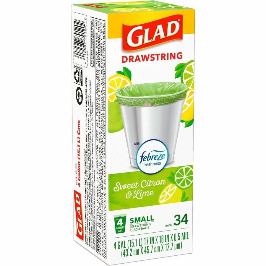 Glad Small Kitchen Drawstring Trash Bags - Febreze Sweet Citron & Lime - 4 gal Capacity - Drawstring Closure - Green - 34/Box - Home Office, Bathroom, Kitchen, Laundry