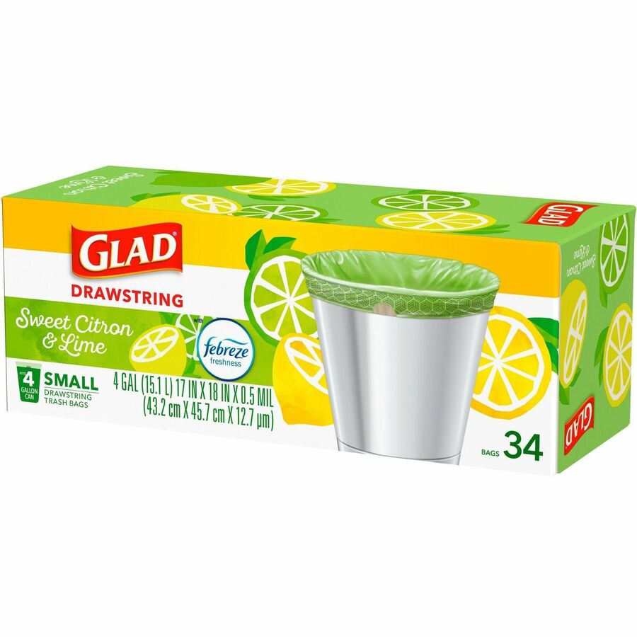 Glad Small Kitchen Drawstring Trash Bags - Febreze Sweet Citron & Lime - 4 gal Capacity - Drawstring Closure - Green - 34/Box - Home Office, Bathroom, Kitchen, Laundry