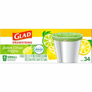 Glad Small Kitchen Drawstring Trash Bags - Febreze Sweet Citron & Lime - 4 gal Capacity - Drawstring Closure - Green - 34/Box - Home Office, Bathroom, Kitchen, Laundry
