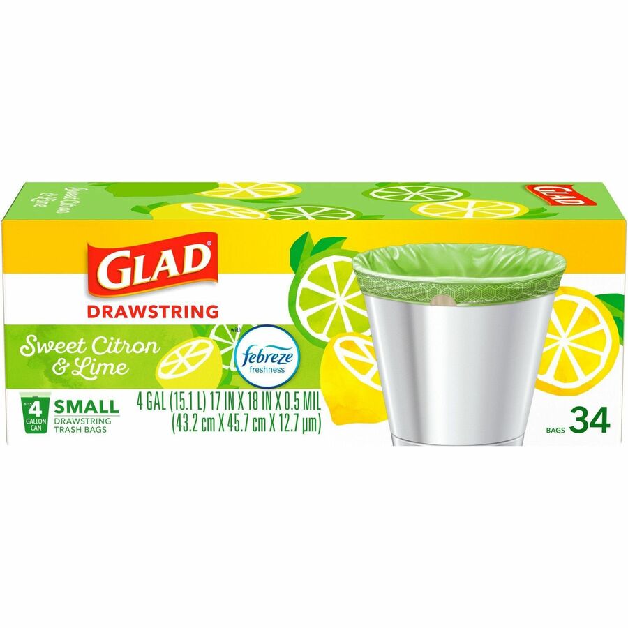 Glad Small Kitchen Drawstring Trash Bags - Febreze Sweet Citron & Lime - 4 gal Capacity - Drawstring Closure - Green - 34/Box - Home Office, Bathroom, Kitchen, Laundry