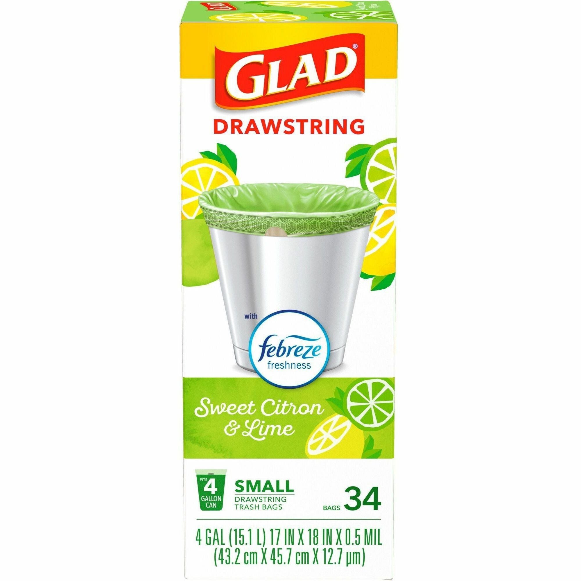 Glad Small Kitchen Drawstring Trash Bags - Febreze Sweet Citron & Lime - 4 gal Capacity - Drawstring Closure - Green - 34/Box - Home Office, Bathroom, Kitchen, Laundry