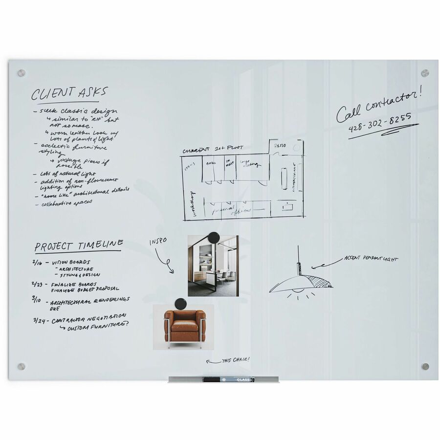 Glass Dry Erase Board, 47 x 35, White Surface