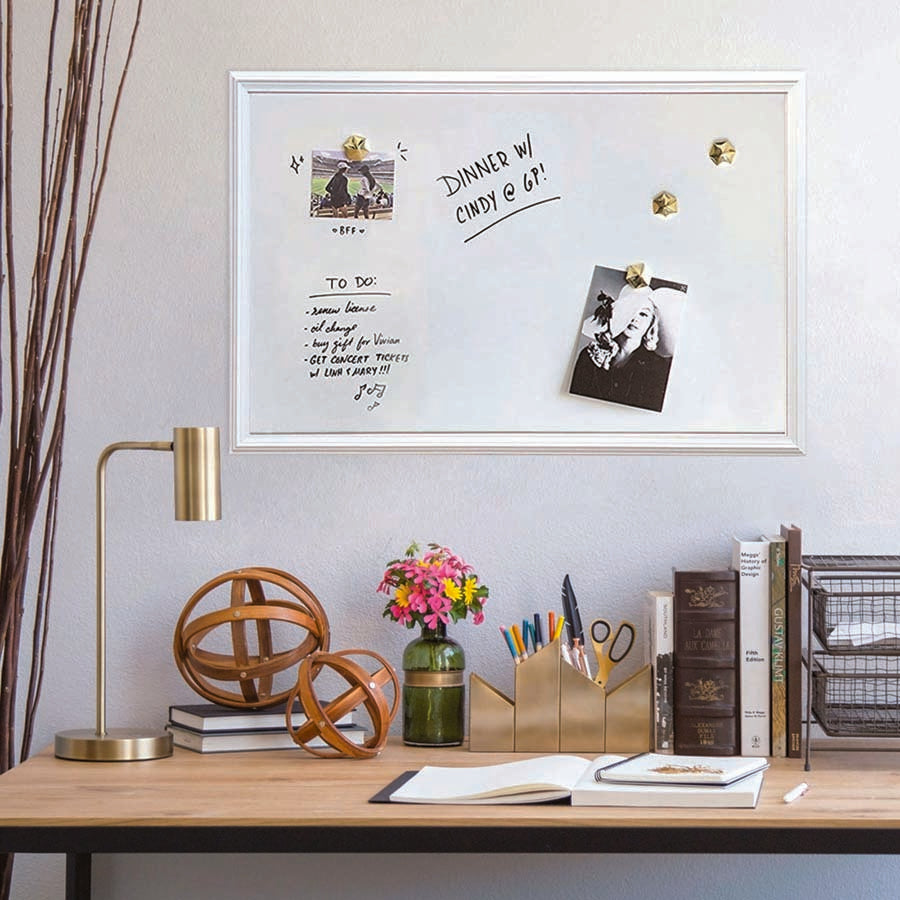 Magnetic Dry Erase Board with Decor Frame, 30 x 20, White Surface, White Wood Frame