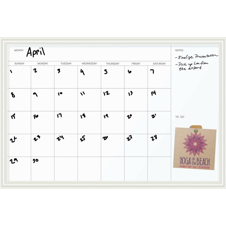 Magnetic Dry Erase Calendar with Decor Frame, One Month, 30 x 20, White Surface, White Wood Frame