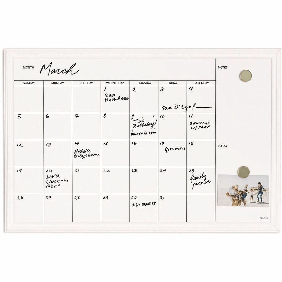 Magnetic Dry Erase Calendar with Decor Frame, One Month, 30 x 20, White Surface, White Wood Frame