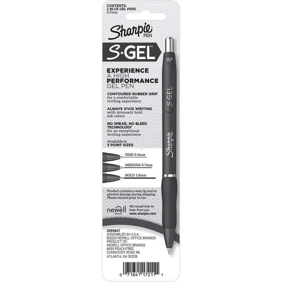 Sharpie S-Gel Pens - 0.7 mm Pen Point Size - Blue Gel-based Ink - Black Barrel - 2 / Pack
