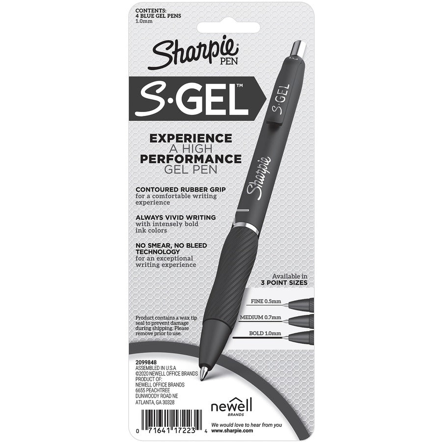 S-Gel High-Performance Gel Pen, Retractable, Bold 1 mm, Blue Ink, Black Barrel, 4/Pack