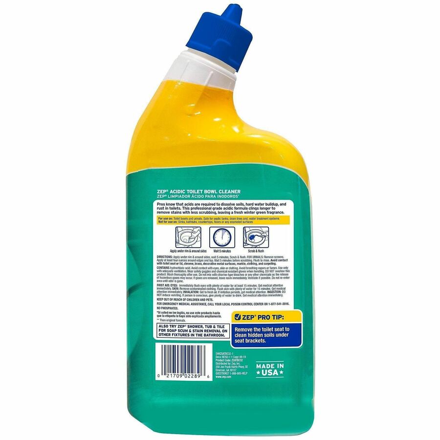 Zep Acidic Toilet Bowl Cleaner - 32 fl oz (1 quart) - Wintergreen Scent - 12 / Carton - White