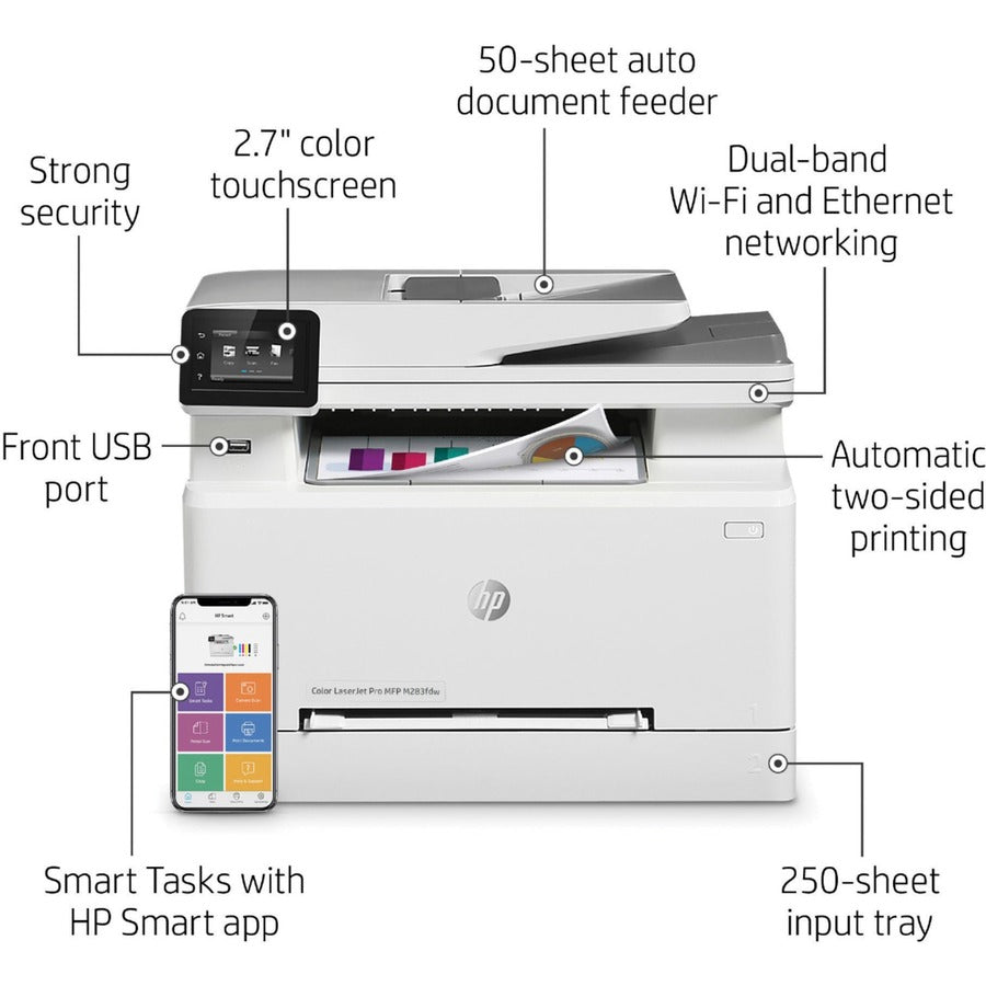 HP LaserJet Pro M283fdw Wireless Laser Multifunction Printer - Color - Copier/Fax/Printer/Scanner - 21 ppm Mono/21 ppm Color Print - 600 x 600 dpi Print - Automatic Duplex Print - Up to 40000 Pages Monthly - 251 sheets Input - Color Scanner - 1200 dp