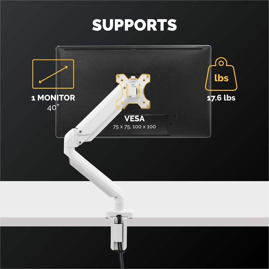 Platinum Series Single Monitor Arm, For 27" Monitors, 360 deg Rotation, 45 deg Tilt, 180 deg Pan, White, Supports 20 lb