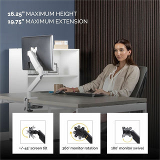 Platinum Series Single Monitor Arm, For 27" Monitors, 360 deg Rotation, 45 deg Tilt, 180 deg Pan, White, Supports 20 lb