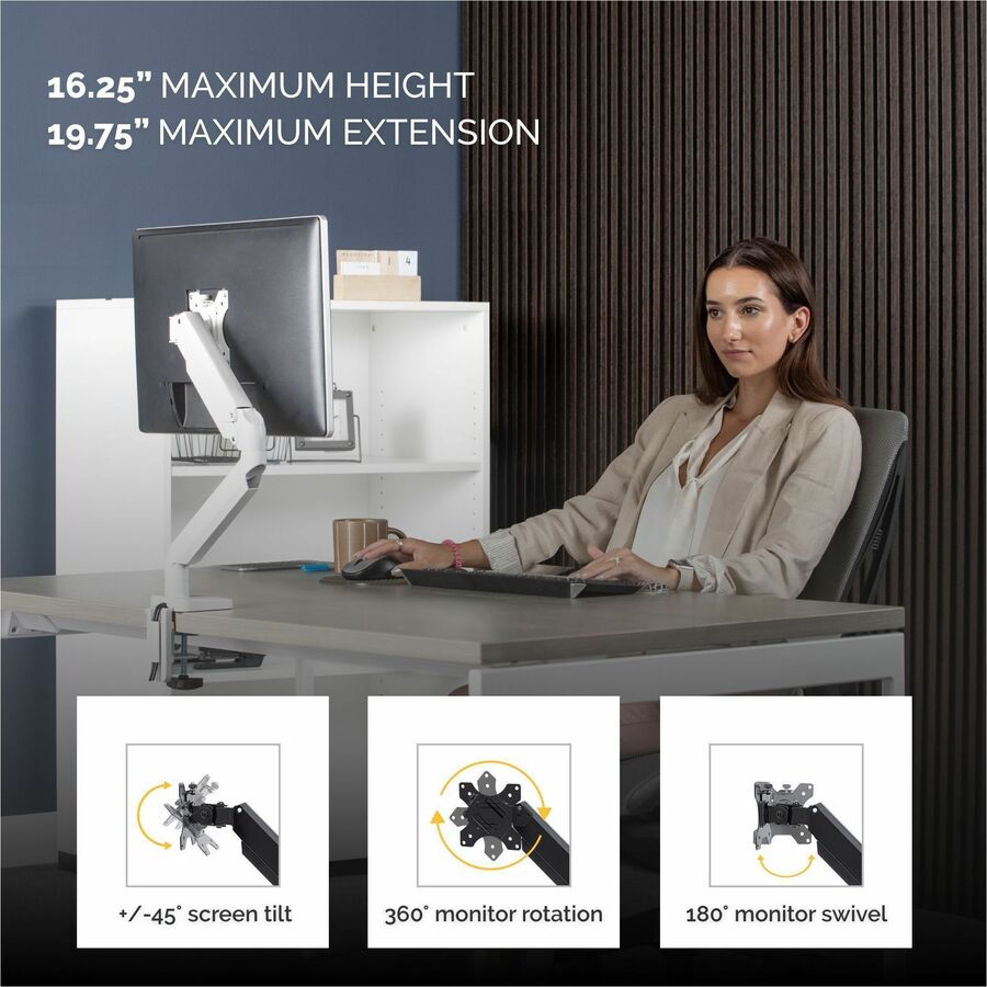 Platinum Series Single Monitor Arm, For 27" Monitors, 360 deg Rotation, 45 deg Tilt, 180 deg Pan, White, Supports 20 lb