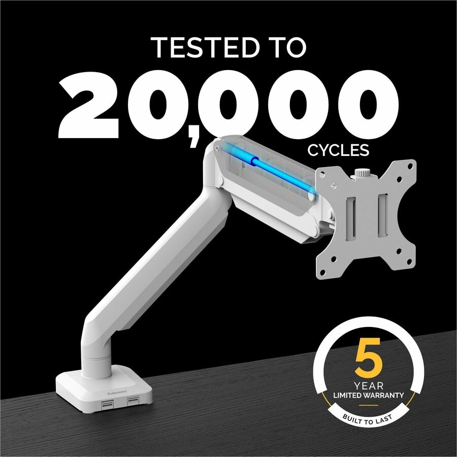 Platinum Series Single Monitor Arm, For 27" Monitors, 360 deg Rotation, 45 deg Tilt, 180 deg Pan, White, Supports 20 lb