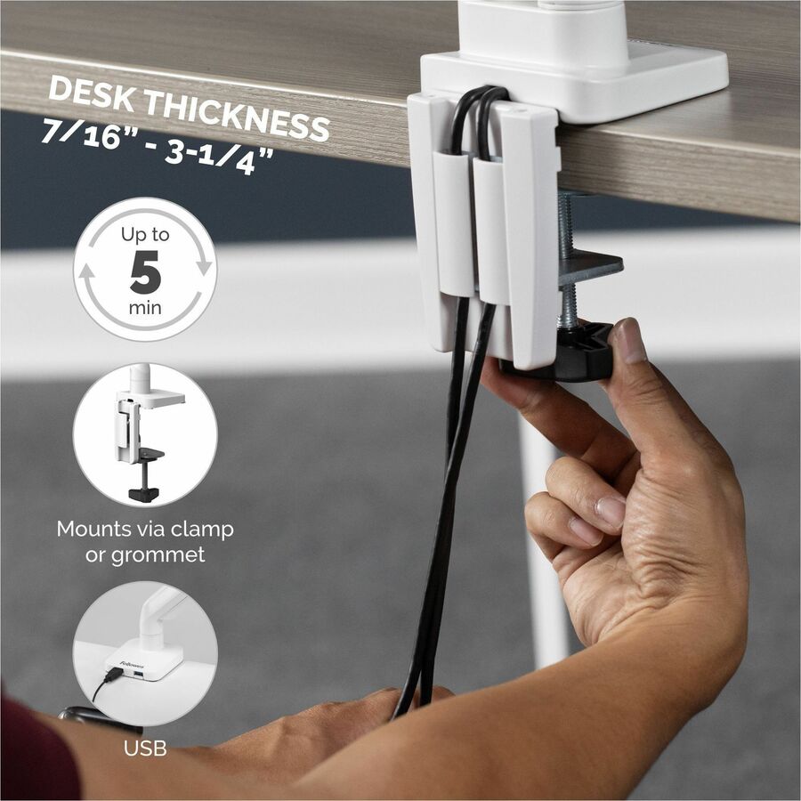Platinum Series Single Monitor Arm, For 27" Monitors, 360 deg Rotation, 45 deg Tilt, 180 deg Pan, White, Supports 20 lb