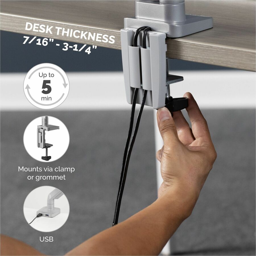 Platinum Series Single Monitor Arm, For 27" Monitors, 360 deg Rotation, 45 deg Tilt, 180 deg Pan, Silver, Supports 20 lb
