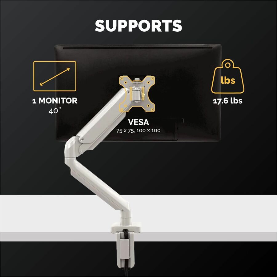 Platinum Series Single Monitor Arm, For 27" Monitors, 360 deg Rotation, 45 deg Tilt, 180 deg Pan, Silver, Supports 20 lb