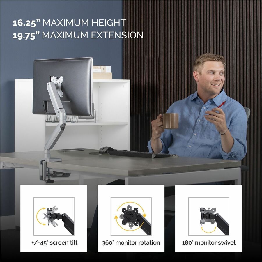 Platinum Series Single Monitor Arm, For 27" Monitors, 360 deg Rotation, 45 deg Tilt, 180 deg Pan, Silver, Supports 20 lb