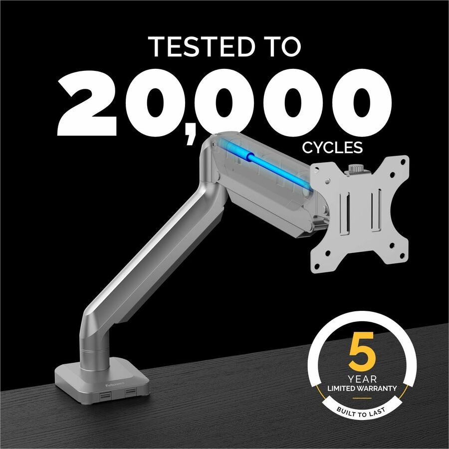 Platinum Series Single Monitor Arm, For 27" Monitors, 360 deg Rotation, 45 deg Tilt, 180 deg Pan, Silver, Supports 20 lb