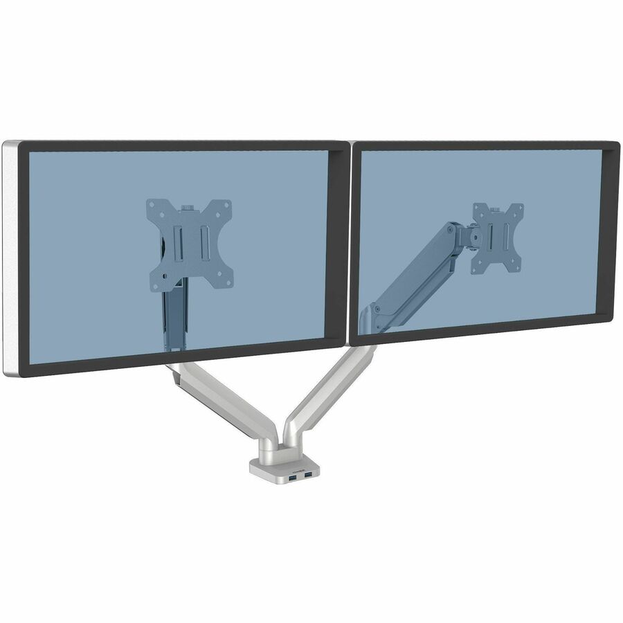 Platinum Series Dual Monitor Arm, For 27" Monitors, 360 deg Rotation, 45 deg Tilt, 180 deg Pan, Silver, Supports 20 lb