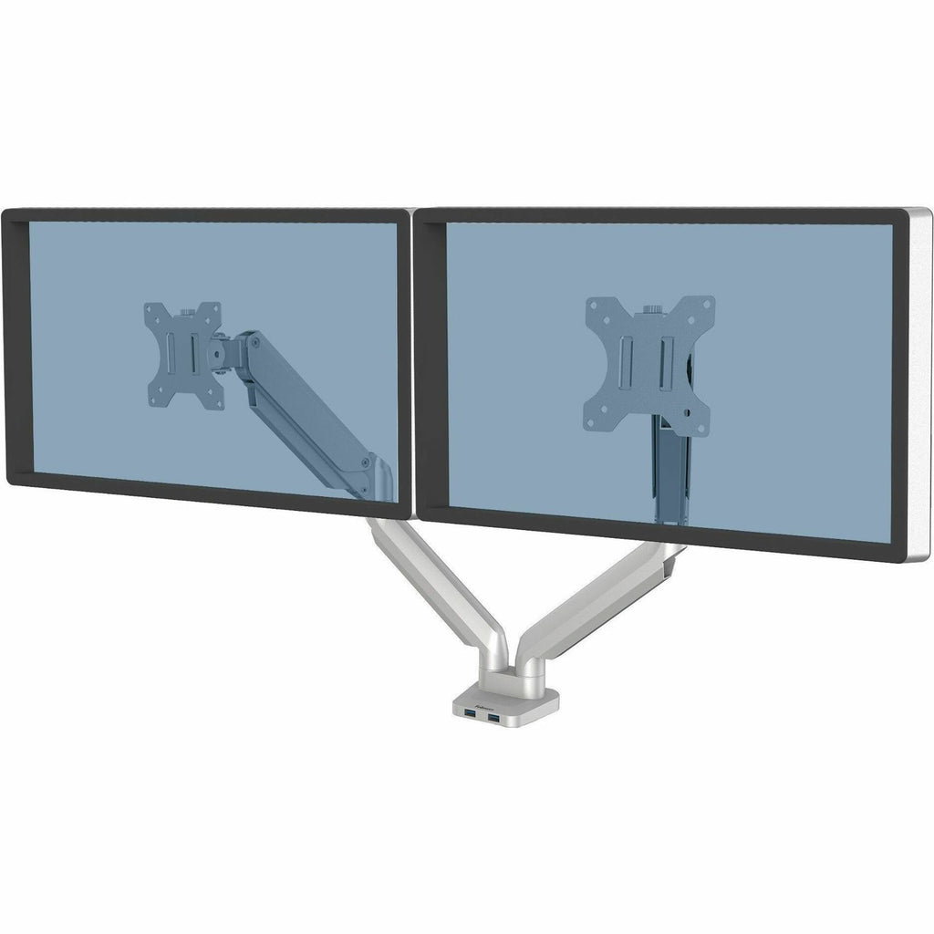 Platinum Series Dual Monitor Arm, For 27" Monitors, 360 deg Rotation, 45 deg Tilt, 180 deg Pan, Silver, Supports 20 lb