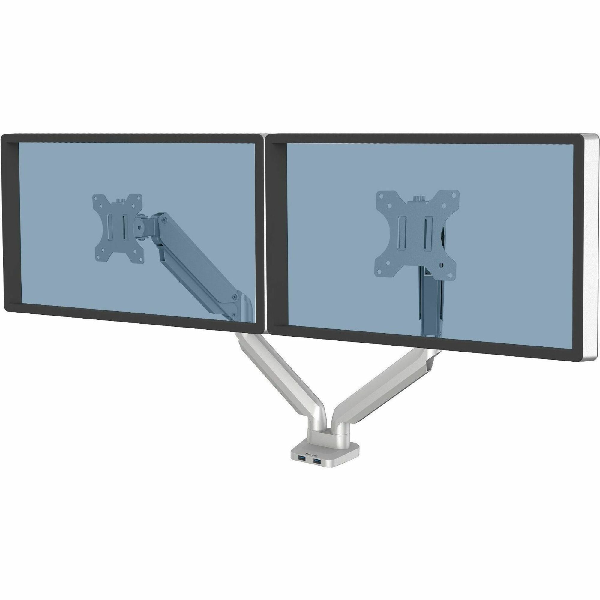 Platinum Series Dual Monitor Arm, For 27" Monitors, 360 deg Rotation, 45 deg Tilt, 180 deg Pan, Silver, Supports 20 lb