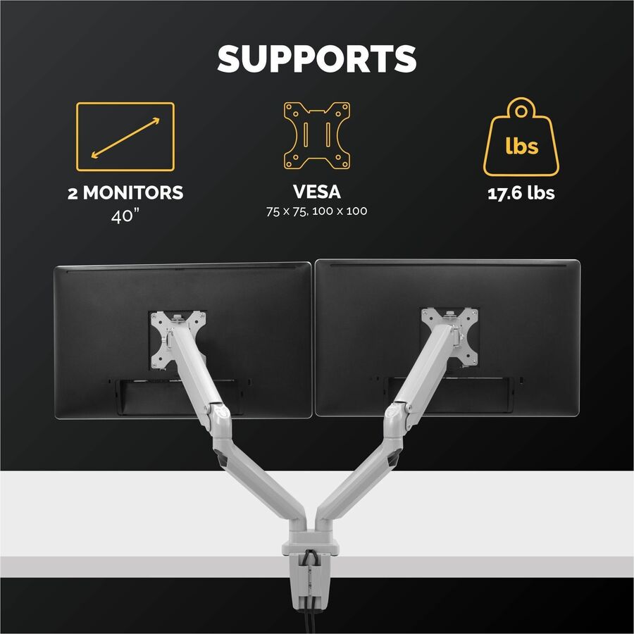 Platinum Series Dual Monitor Arm, For 27" Monitors, 360 deg Rotation, 45 deg Tilt, 180 deg Pan, Silver, Supports 20 lb