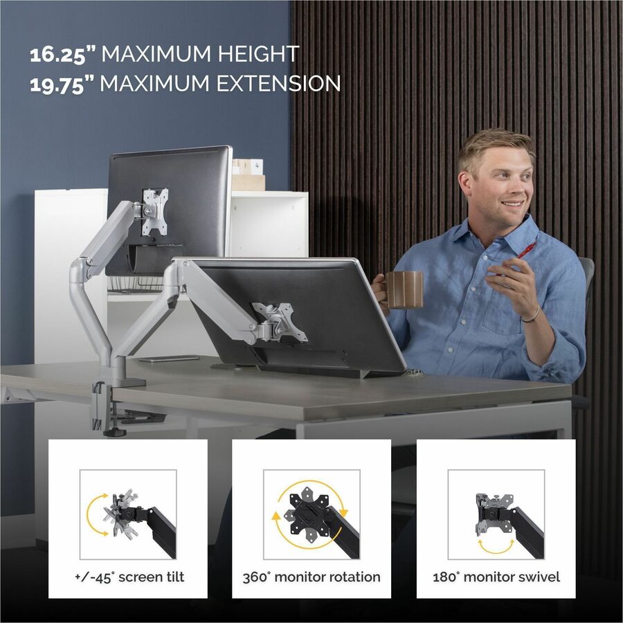 Platinum Series Dual Monitor Arm, For 27" Monitors, 360 deg Rotation, 45 deg Tilt, 180 deg Pan, Silver, Supports 20 lb