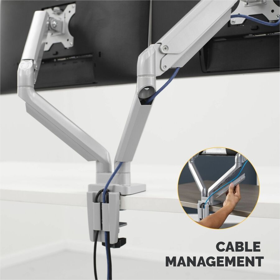 Platinum Series Dual Monitor Arm, For 27" Monitors, 360 deg Rotation, 45 deg Tilt, 180 deg Pan, Silver, Supports 20 lb