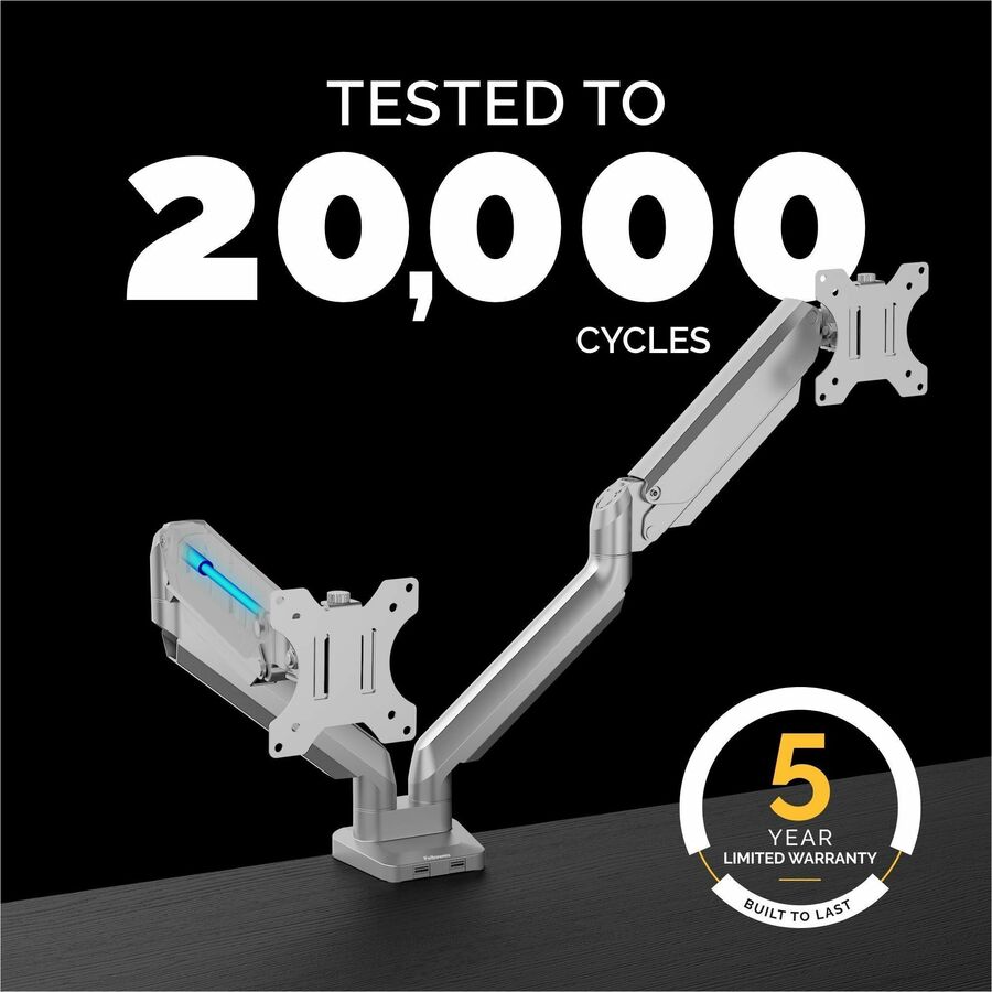 Platinum Series Dual Monitor Arm, For 27" Monitors, 360 deg Rotation, 45 deg Tilt, 180 deg Pan, Silver, Supports 20 lb