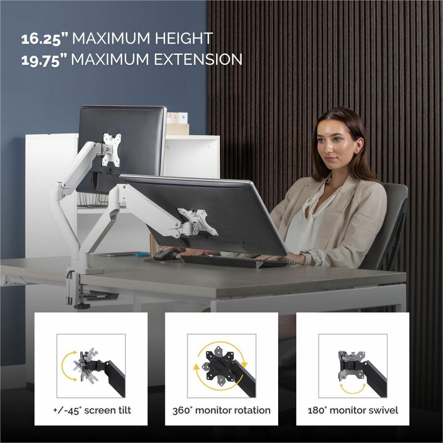 Platinum Series Dual Monitor Arm, For 27" Monitors, 360 deg Rotation, 45 deg Tilt, 180 deg Pan, White, Supports 20 lb
