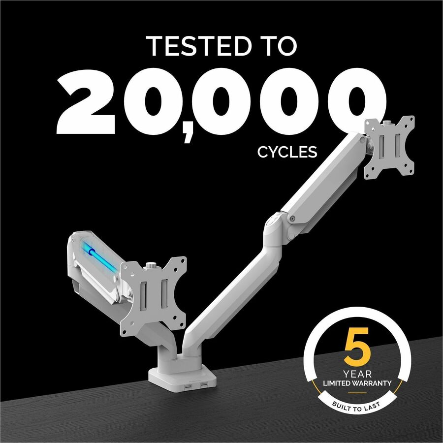 Platinum Series Dual Monitor Arm, For 27" Monitors, 360 deg Rotation, 45 deg Tilt, 180 deg Pan, White, Supports 20 lb