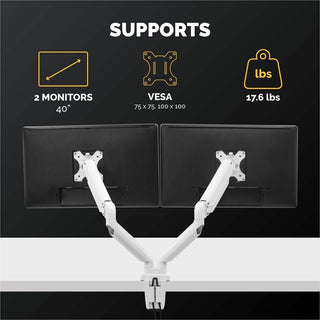 Platinum Series Dual Monitor Arm, For 27" Monitors, 360 deg Rotation, 45 deg Tilt, 180 deg Pan, White, Supports 20 lb