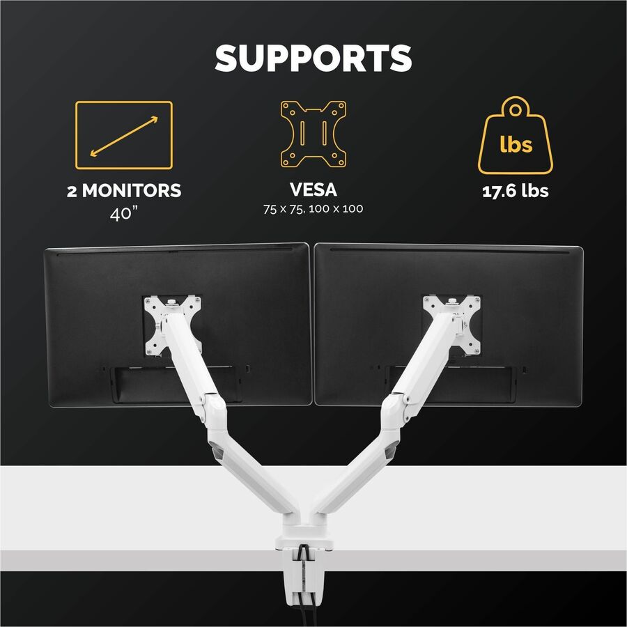 Platinum Series Dual Monitor Arm, For 27" Monitors, 360 deg Rotation, 45 deg Tilt, 180 deg Pan, White, Supports 20 lb
