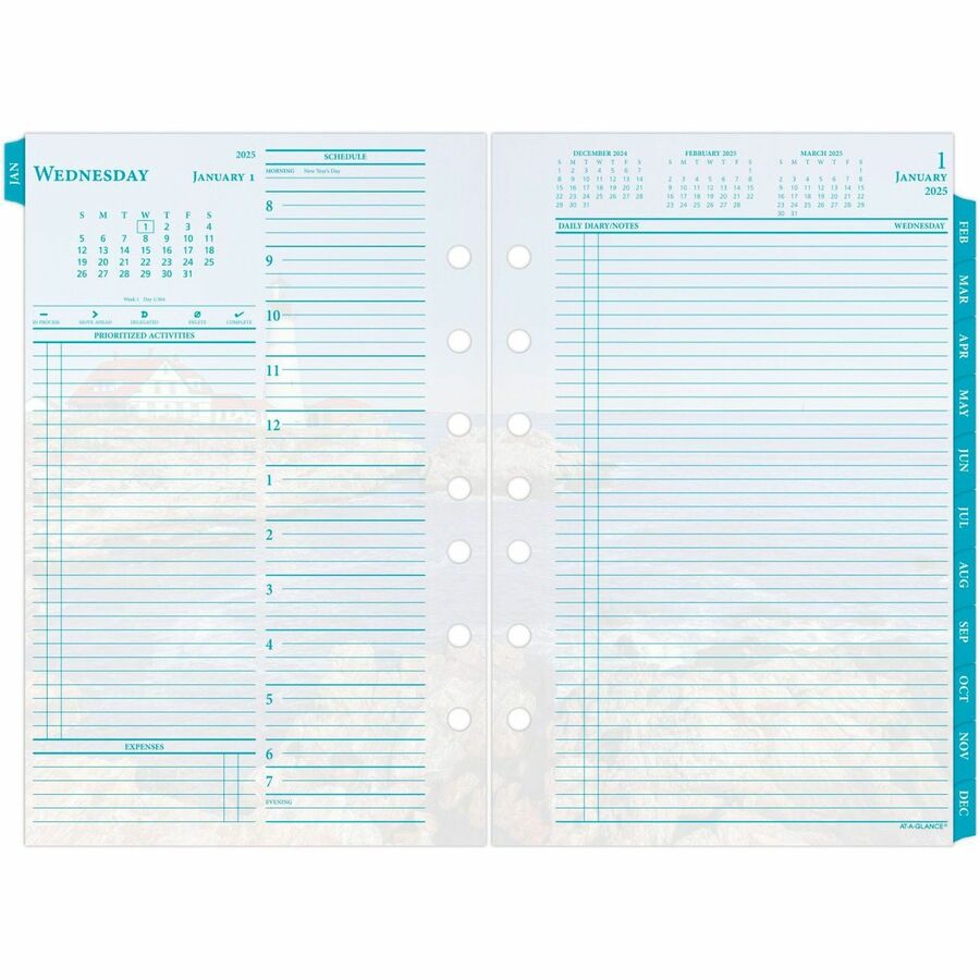 At-A-Glance 2024 Seascapes Daily Monthly Planner Two Page Per Day Refill, Loose-Leaf - Daily, Monthly - 12 Month - January 2024 - December 2024 - 8:00 AM to 7:00 PM, Hourly - 1 Day, 1 Month Double Page Layout - 5 1/2" x 8 1/2" White Sheet - 7-ring -