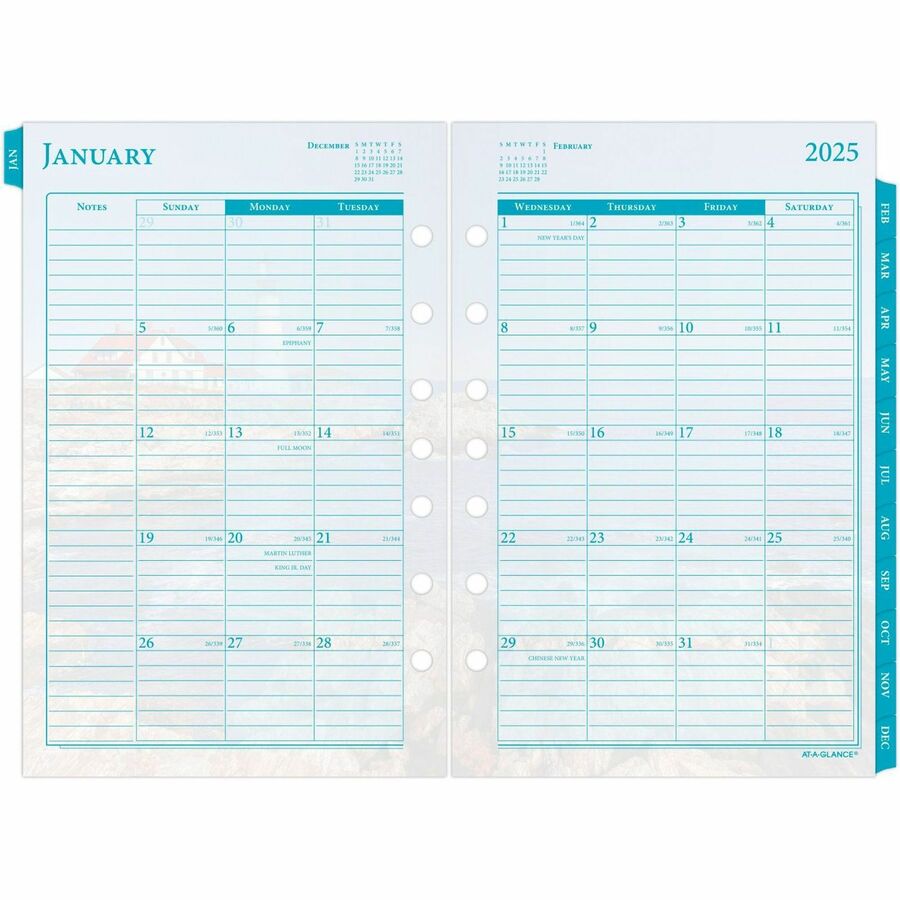 At-A-Glance 2024 Seascapes Daily Monthly Planner Two Page Per Day Refill, Loose-Leaf - Daily, Monthly - 12 Month - January 2024 - December 2024 - 8:00 AM to 7:00 PM, Hourly - 1 Day, 1 Month Double Page Layout - 5 1/2" x 8 1/2" White Sheet - 7-ring -