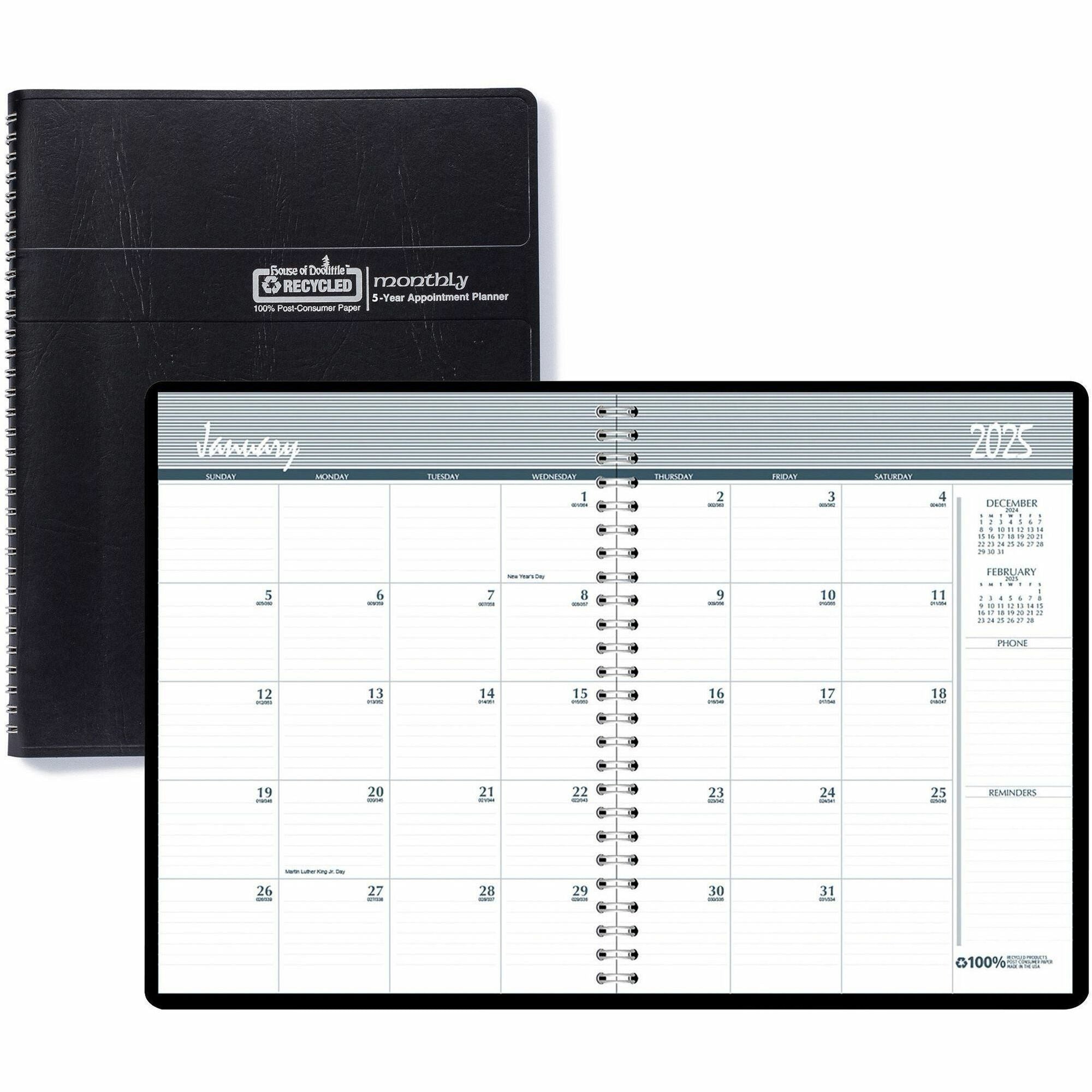 house-of-doolittle-planner-julian-dates-52-year-december-january-1-month-double-page-layout-spiral-bound-black-black-11-height-x-85-width-dated-planning-page-ruled-daily-block-holiday-listing-reminder-section-phone-log-pag_hod262502 - 1