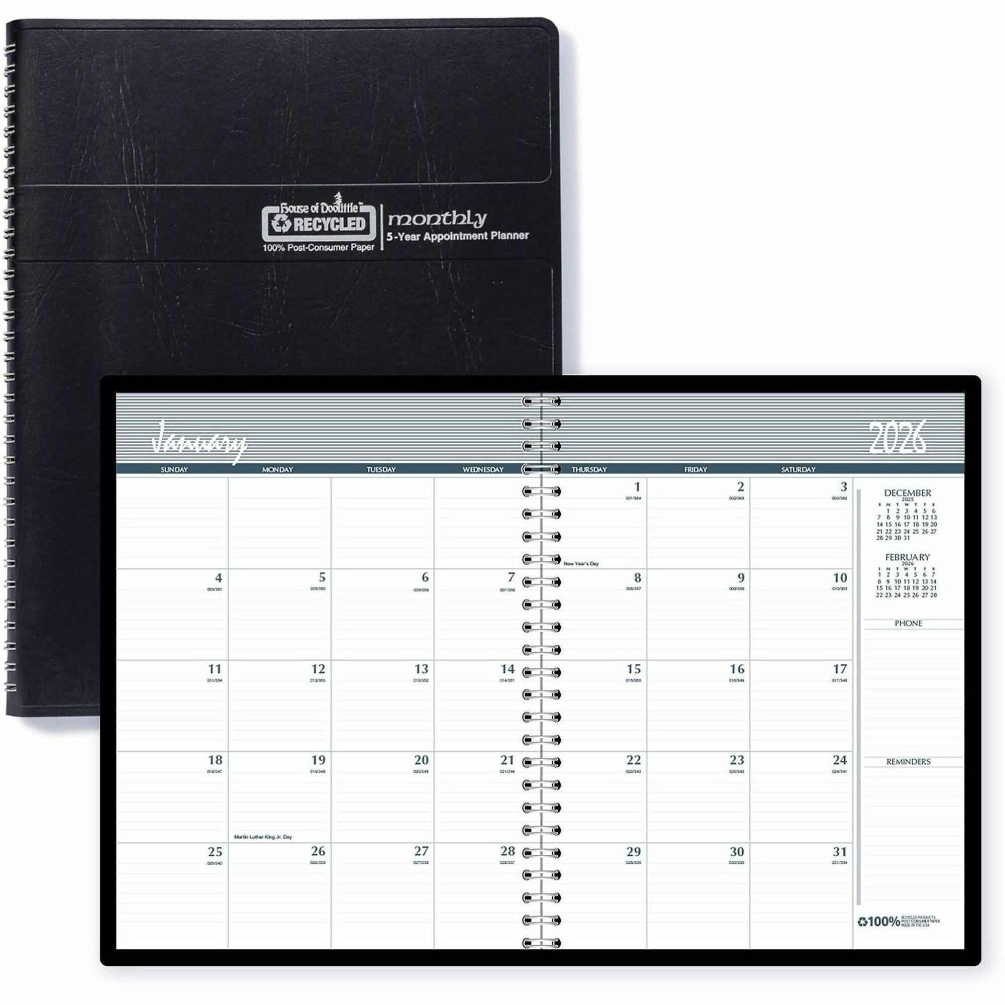 House of Doolittle Planner - Julian Dates - 5.2 Year - December - January - 1 Month Double Page Layout - Spiral Bound - Black - Black - 11" Height x 8.5" Width - Dated Planning Page, Ruled Daily Block, Holiday Listing, Reminder Section, Phone Log Pag