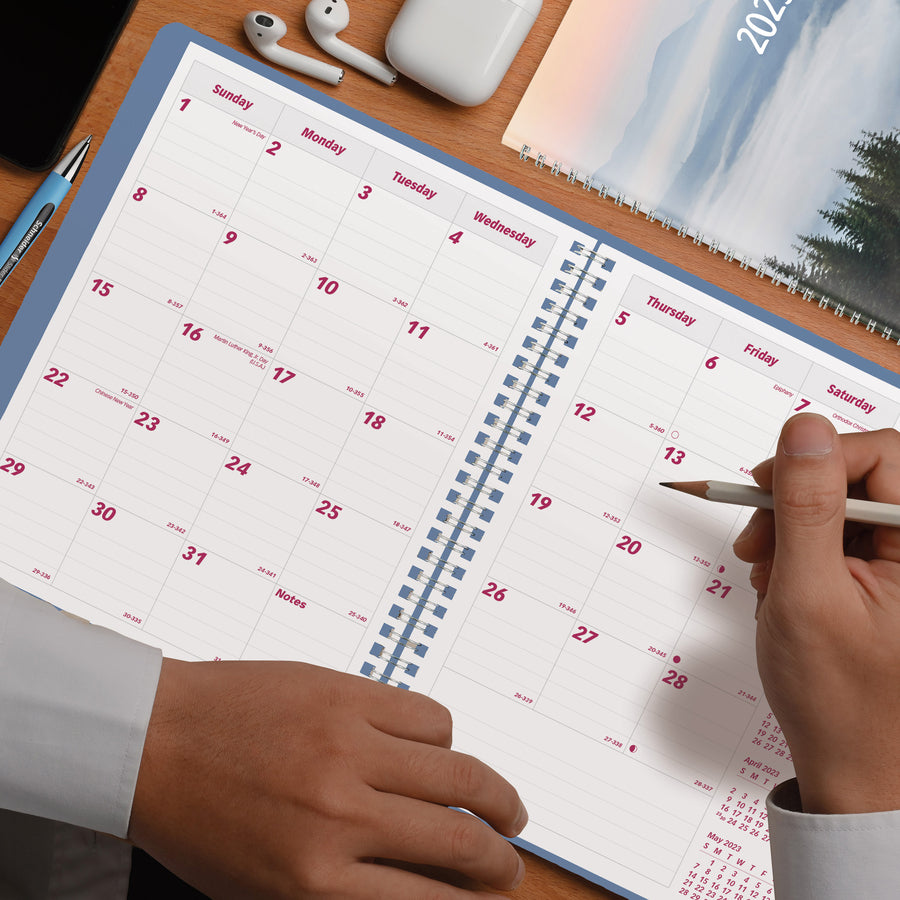 brownline-mountain-monthly-2023-planner-monthly-14-month-december-2023-january-2024-twin-wire-natures-hues-89-height-x-71-width-ruled-daily-block-reminder-section-notes-area-six-month-reference-1-each_redcb1200g03 - 5