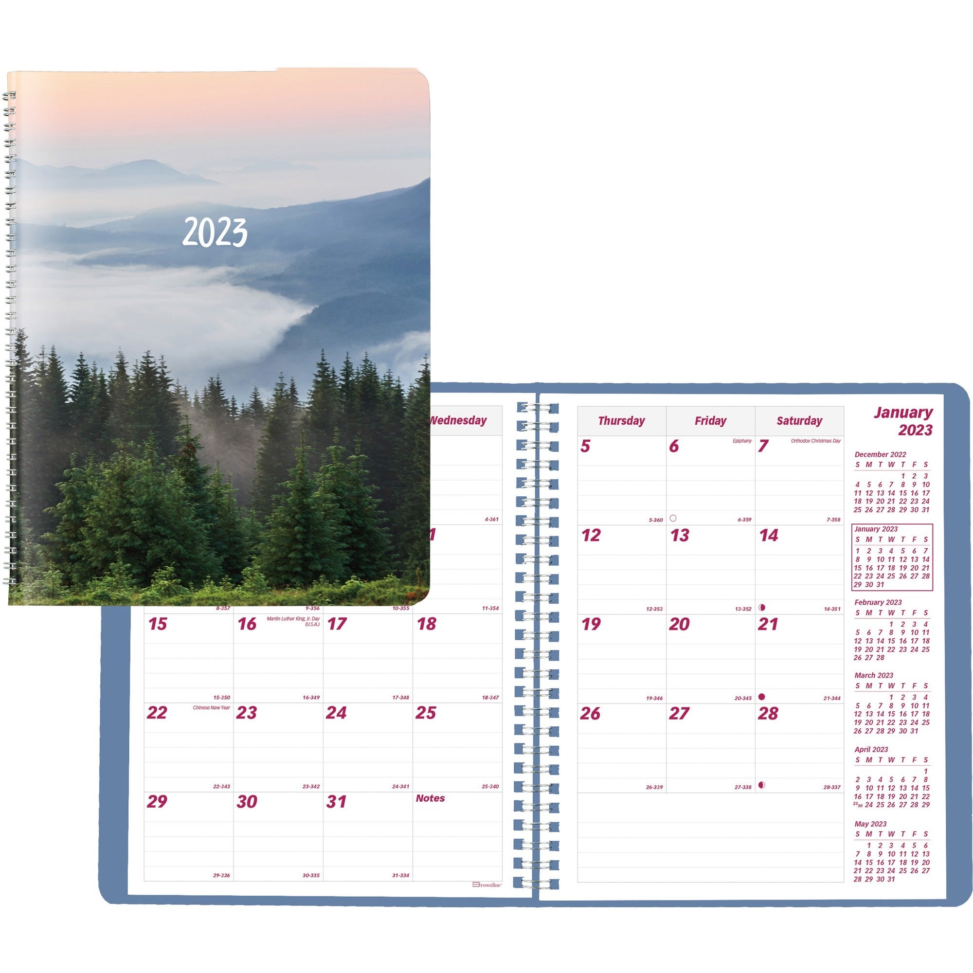 brownline-mountain-monthly-2023-planner-monthly-14-month-december-2023-january-2024-twin-wire-natures-hues-89-height-x-71-width-ruled-daily-block-reminder-section-notes-area-six-month-reference-1-each_redcb1200g03 - 1