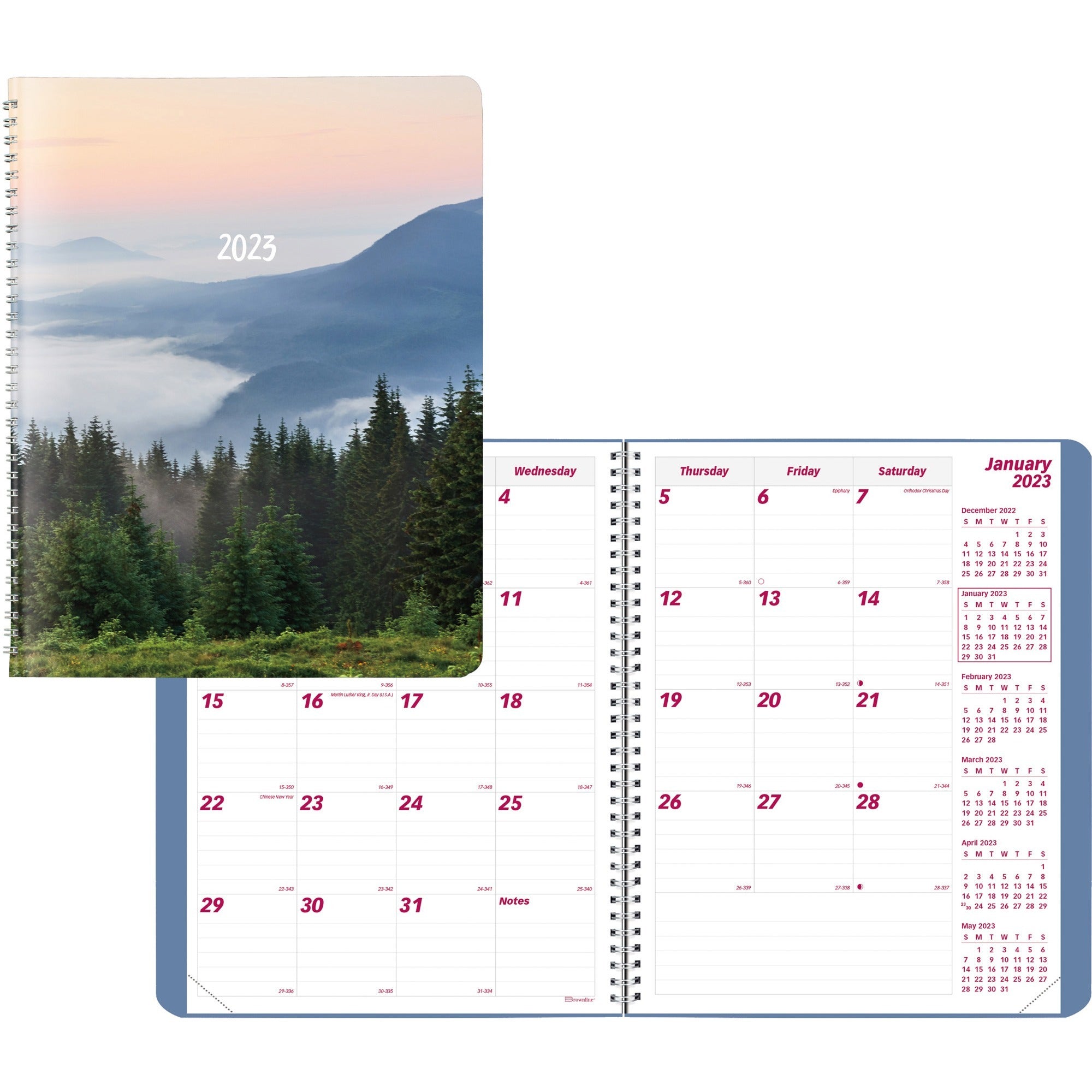 brownline-mountain-monthly-2023-planner-monthly-14-month-december-2023-january-2025-twin-wire-natures-hues-11-height-x-85-width-ruled-daily-block-reminder-section-notes-area-six-month-reference-1-each_redcb1262g03 - 1